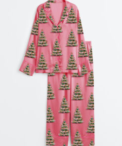 Women's Vintage Pink Christmas Tree Coquette Xmas Long Sleeve Satin Pajamas Set