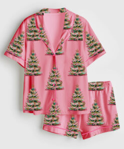 Women's Vintage Pink Christmas Tree Coquette Xmas Short Sleeve Satin Pajama Set