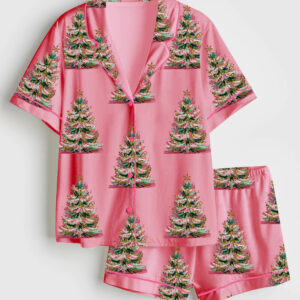Women's Vintage Pink Christmas Tree Coquette Xmas Short Sleeve Satin Pajama Set