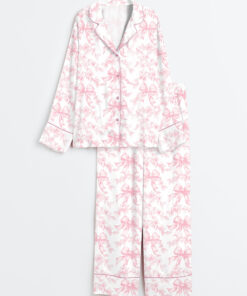 Women's Vintage Pink Toile Coquette Floral Long Sleeve Satin Pajama Set