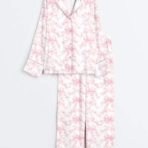 Women's Vintage Pink Toile Coquette Floral Long Sleeve Satin Pajamas Set