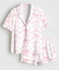 Women's Vintage Pink Toile Coquette Floral Short Sleeve Satin Pajama Set
