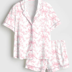 Womenâ€™s Vintage Pink Toile Coquette Floral Short Sleeve Satin Pajama Set