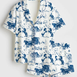Women's Vintage Ranch Life American Wild West Horse Racing Western Cowboys Life Print Short Sleeve Satin Pajama Set