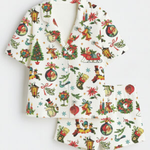 Womenâ€™s Vintage Retro Christmas Short Sleeve Cotton Waffle Pajama Set