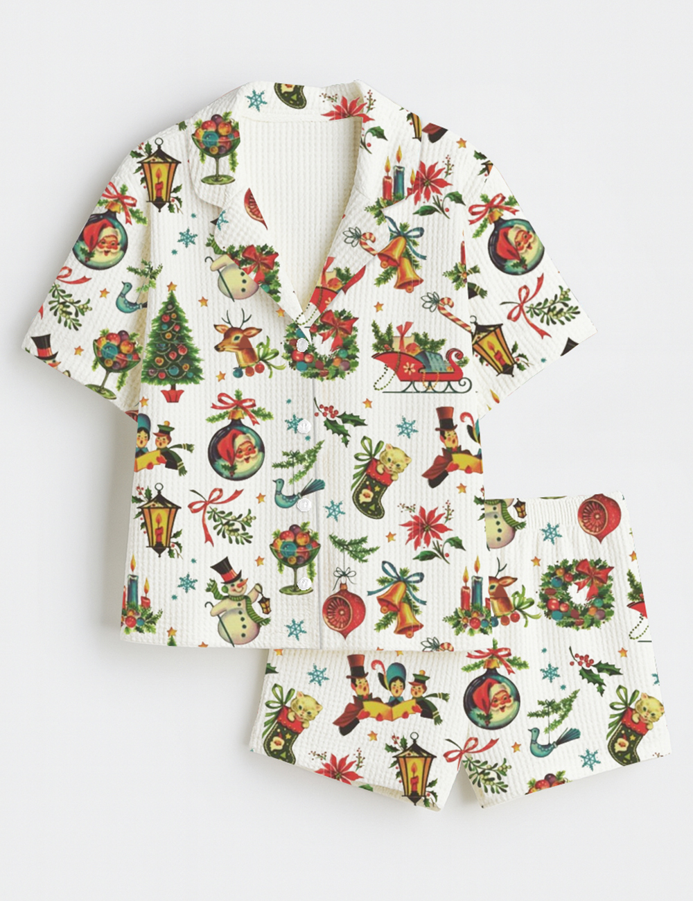 Womenâ€™s Vintage Retro Christmas Short Sleeve Cotton Waffle Pajama Set