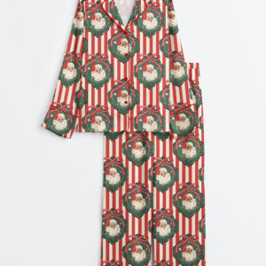 Women's Vintage Santa Red Stripes Frames Christmas Long Sleeve Satin Pajamas Set