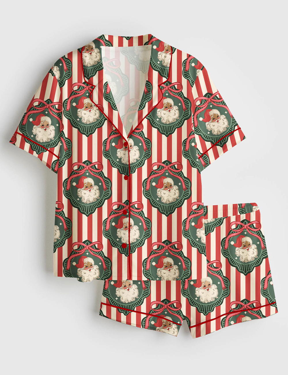 Womenâ€™s Vintage Santa Red Stripes Frames Christmas Short Sleeve Satin Pajama Set
