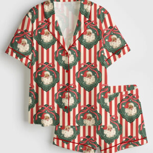 Women's Vintage Santa Red Stripes Frames Christmas Short Sleeve Satin Pajama Set