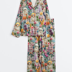 Women's Vintage Skeletons in Bloom Floral Charm Long Sleeve Satin Pajama Set