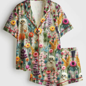 Women's Vintage Skeletons in Bloom Floral Charm Short Sleeve Satin Pajama Set