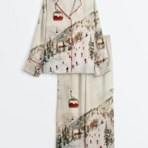 Women's Vintage Ski Lift Winter Ski Slopes Christmas Long Sleeve Silky Satin Pajama Set