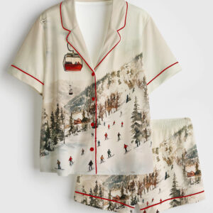 Womenâ€™s Vintage Ski Lift Winter Ski Slopes Christmas Short Sleeve Silky Satin Pajama Set