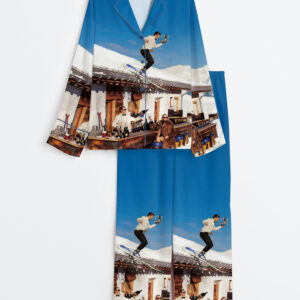 Womenâ€™s Vintage Skiing Retro Apres Ski Bar Cart Alcohol Party Long Sleeve Satin Pajama Set