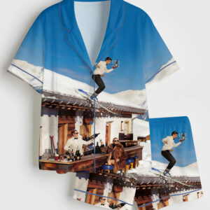 Women's Vintage Skiing Retro Apres Ski Bar Cart Alcohol Party Short Sleeve Satin Pajama Set