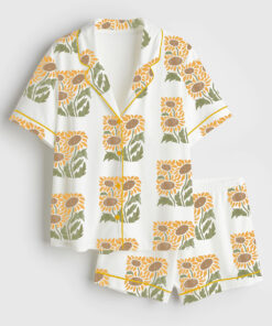 Women's Vintage Sunflower Wildflowers Short Sleeve Satin Pajama Set