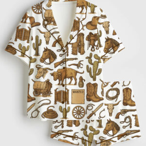 Womenâ€™s Vintage Western Cowboy Short Sleeve Satin Pajama Set