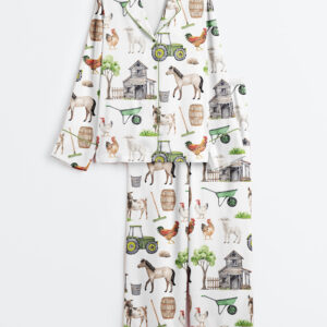 Women's Watercolor Allover Goat Farm Long Sleeve Satin Pajama Set