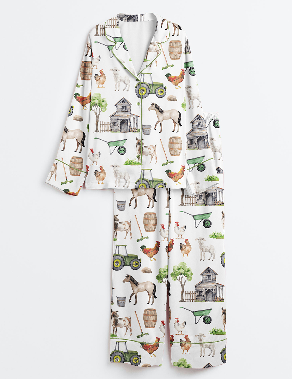 Womenâ€™s Watercolor Allover Goat Farm Long Sleeve Satin Pajama Set