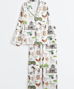 Women's Watercolor Allover Goat Farm Long Sleeve Satin Pajamas Set