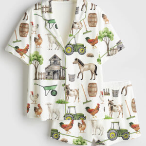 Womenâ€™s Watercolor Allover Goat Farm Short Sleeve Satin Pajama Set
