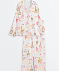 Women's Watercolor Champagne Mimosa Cheers Brunch Floral Cocktail Rose Candles Wedding Party Print Long Sleeve Satin Pajama Set
