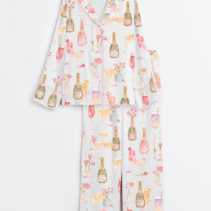Women's Watercolor Champagne Mimosa Cheers Brunch Floral Cocktail Rose Candles Wedding Party Print Long Sleeve Satin Pajamas Set