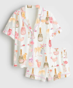 Women's Watercolor Champagne Mimosa Cheers Brunch Floral Cocktail Rose Candles Wedding Party Print Short Sleeve Satin Pajama Set