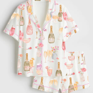 Womenâ€™s Watercolor Champagne Mimosa Cheers Brunch Floral Cocktail Rose Candles Wedding Party Print Short Sleeve Satin Pajama Set