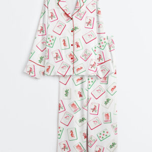 Women's Watercolor Chinoiserie Millennial Mahjong Christmas Santa Party Long Sleeve Satin Pajama Set