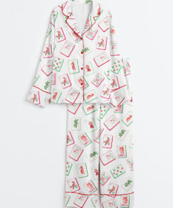 Women's Watercolor Chinoiserie Millennial Mahjong Christmas Santa Party Long Sleeve Satin Pajama Set