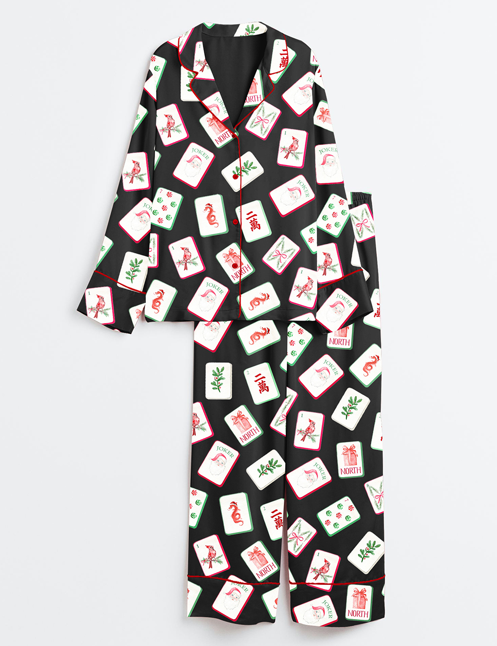 Women's Watercolor Chinoiserie Millennial Mahjong Christmas Santa Party Long Sleeve Satin Pajamas Set - Image 4