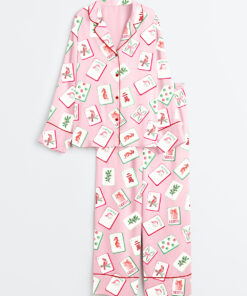 Alternative view of Women's Watercolor Chinoiserie Millennial Mahjong Christmas Santa Party Long Sleeve Satin Pajamas Set