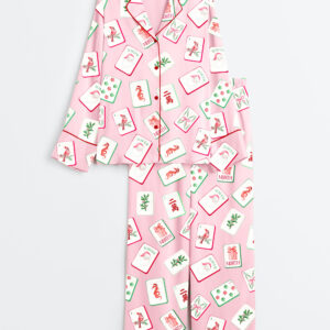 Alternative view of Women's Watercolor Chinoiserie Millennial Mahjong Christmas Santa Party Long Sleeve Satin Pajamas Set