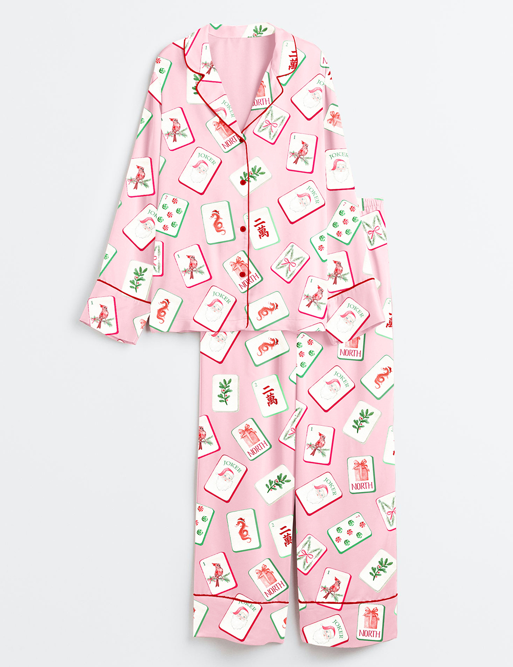 Women's Watercolor Chinoiserie Millennial Mahjong Christmas Santa Party Long Sleeve Satin Pajamas Set - Image 2