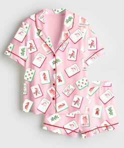 Alternative view of Women's Watercolor Chinoiserie Millennial Mahjong Christmas Santa Party Short Sleeve Satin Pajamas Set