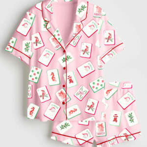 Alternative view of Women's Watercolor Chinoiserie Millennial Mahjong Christmas Santa Party Short Sleeve Satin Pajamas Set