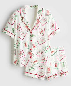 Women's Watercolor Chinoiserie Millennial Mahjong Christmas Santa Party Short Sleeve Satin Pajamas Set