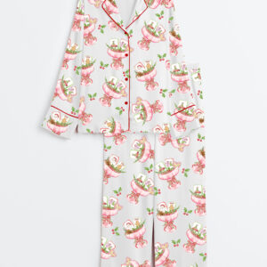 Women's Watercolor Christmas Mahjong Cocktail Chinese Mahjong Party Long Sleeve Satin Pajama Set