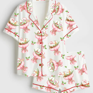 Womenâ€™s Watercolor Christmas Mahjong Cocktail Chinese Mahjong Party Short Sleeve Satin Pajama Set