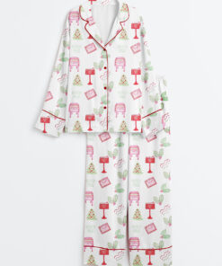 Women's Watercolor Christmas Santa Letters Poste Preppy Letterbox Long Sleeve Satin Pajamas Set