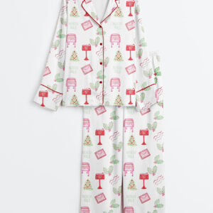 Women's Watercolor Christmas Santa Letters Poste Preppy Letterbox Long Sleeve Satin Pajamas Set