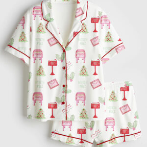 Women's Watercolor Christmas Santa Letters Poste Preppy Letterbox Short Sleeve Satin Pajama Set