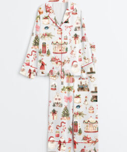 Women's Watercolor Classic Christmas Preppy Christmas Santa Long Sleeve Satin Pajama Set