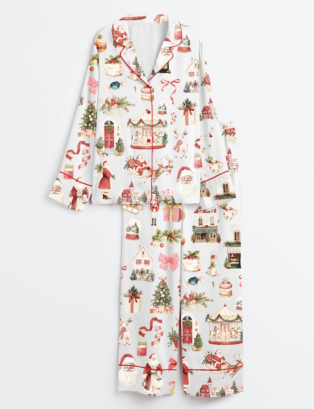 Womenâ€™s Watercolor Classic Christmas Preppy Christmas Santa Long Sleeve Satin Pajama Set