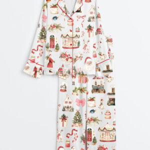 Women's Watercolor Classic Christmas Preppy Christmas Santa Long Sleeve Satin Pajama Set
