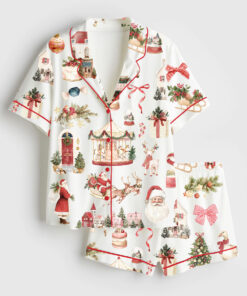 Women's Watercolor Classic Christmas Preppy Christmas Santa Short Sleeve Satin Pajama Set
