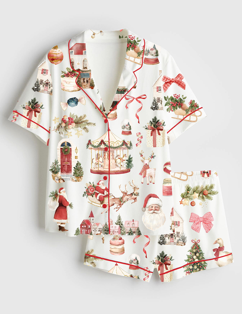 Womenâ€™s Watercolor Classic Christmas Preppy Christmas Santa Short Sleeve Satin Pajama Set