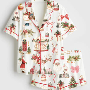 Women's Watercolor Classic Christmas Preppy Christmas Santa Short Sleeve Satin Pajama Set