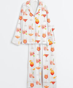 Women's Watercolor Cocktail Drinks Summer Beach Lemon Drop Martini Wedding Cocktail Print Long Sleeve Satin Pajamas Set